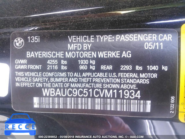 2012 BMW 135 I WBAUC9C51CVM11934 image 8