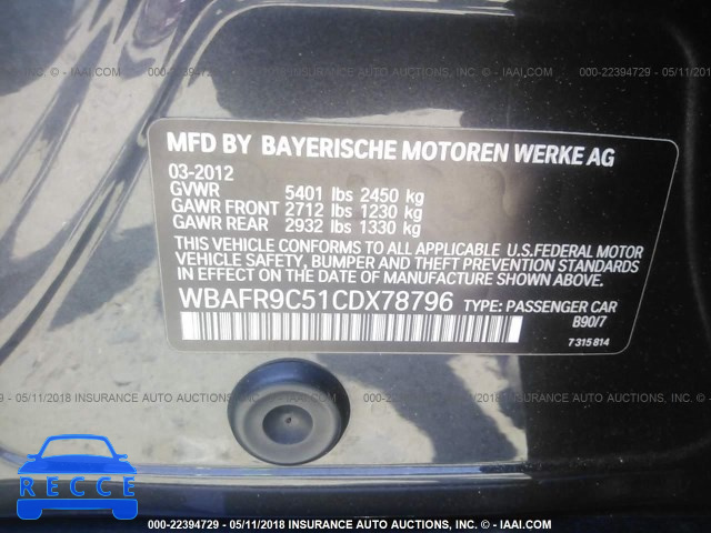 2012 BMW 550 I WBAFR9C51CDX78796 зображення 8