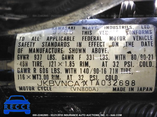 1996 KAWASAKI VN800 JKBVNCA1XTA032698 зображення 9