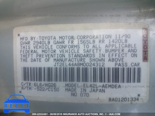 1991 TOYOTA TERCEL LE JT2EL44A8M0024312 image 8