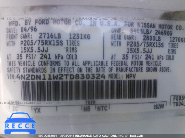 1996 NISSAN QUEST XE/GXE 4N2DN11W2TD830324 image 8
