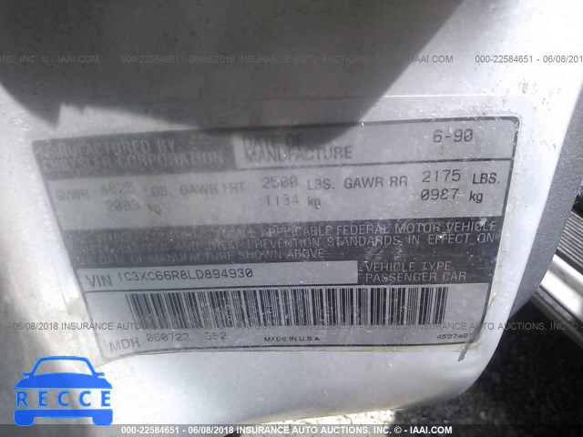 1990 CHRYSLER NEW YORKER C-BODY LANDAU 1C3XC66R8LD894930 image 8
