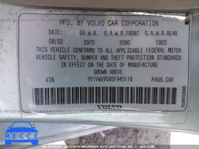 2003 VOLVO V40 1.9T YV1VW29593F945118 image 8