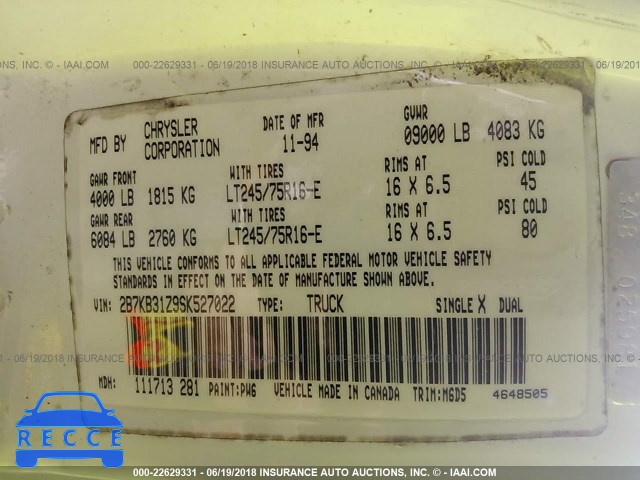 1995 DODGE RAM VAN B3500 2B7KB31Z9SK527022 image 8