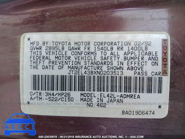 1992 TOYOTA TERCEL DELUXE JT2EL43BXN0203513 image 8