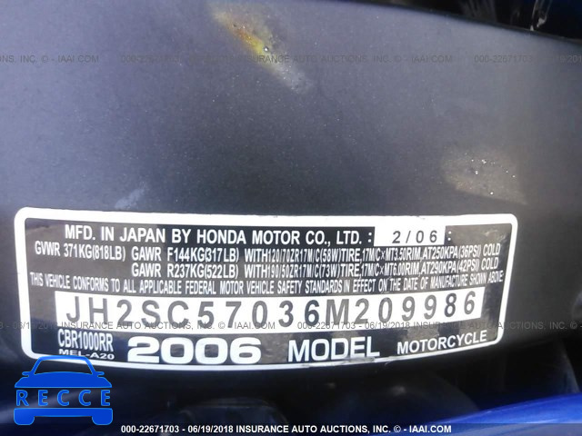 2006 HONDA CBR1000 RR JH2SC57036M209986 зображення 9