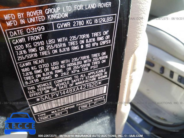 1999 LAND ROVER RANGE ROVER 4.6 HSE LONG WHEELBASE SALPV1448XA421920 зображення 8