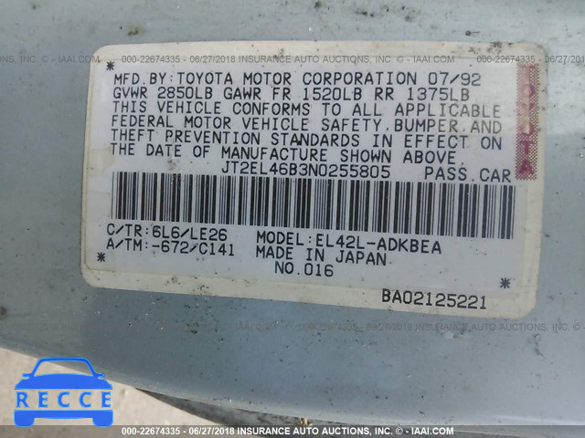 1992 TOYOTA TERCEL STD JT2EL46B3N0255805 зображення 8