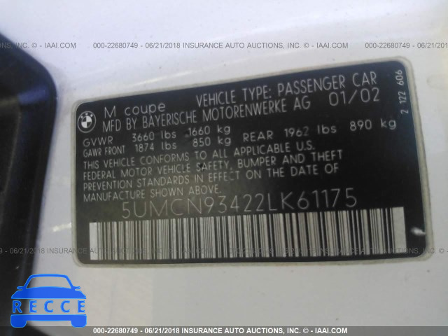 2002 BMW M COUPE 5UMCN93422LK61175 image 8
