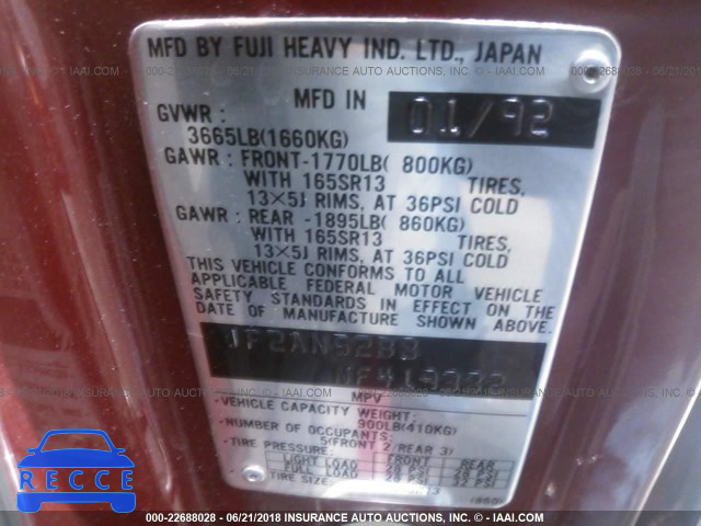 1992 SUBARU LOYALE JF2AN52B8NF419382 image 8