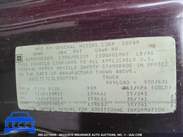 1990 GMC S TRUCK S15 1GTCT19Z8L8507763 зображення 8