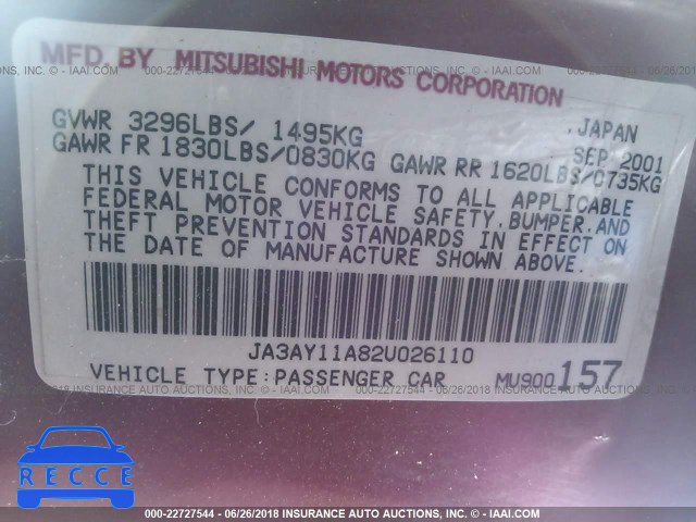 2002 MITSUBISHI MIRAGE DE JA3AY11A82U026110 image 8