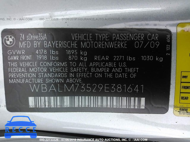2009 BMW Z4 SDRIVE35I WBALM73529E381641 зображення 8