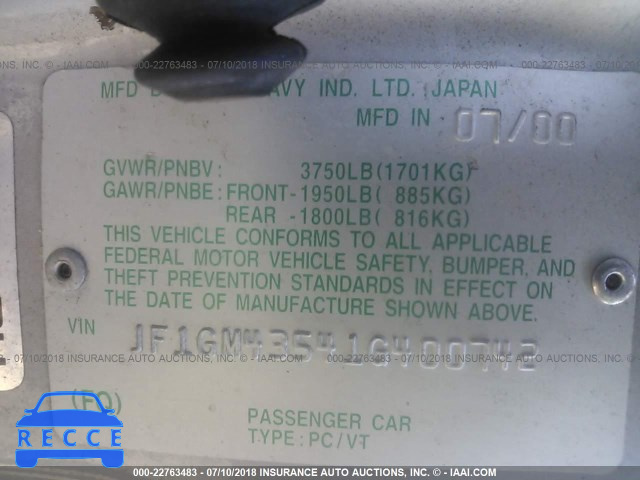 2001 SUBARU IMPREZA L JF1GM43541G400742 image 7