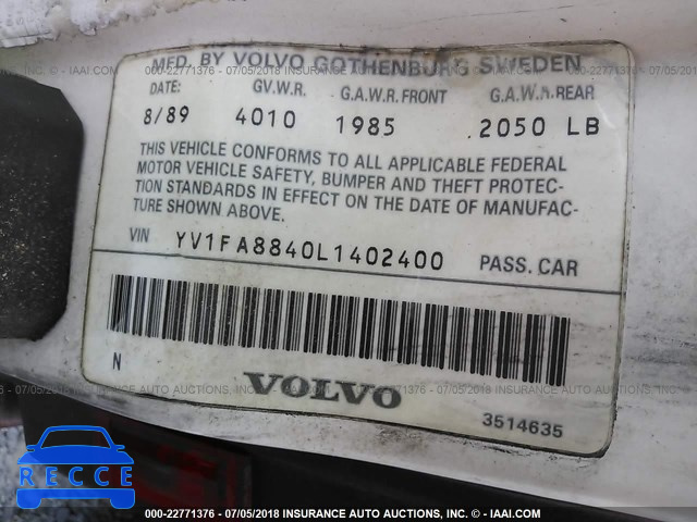 1990 VOLVO 740 GL YV1FA8840L1402400 image 8