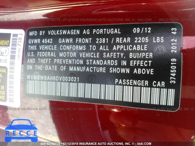 2013 VOLKSWAGEN EOS KOMFORT/SPORT WVWBW8AH6DV003021 image 8