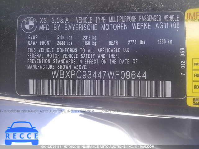 2007 BMW X3 3.0SI WBXPC93447WF09644 image 8