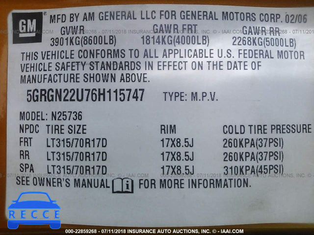 2006 HUMMER H2 SUT 5GRGN22U76H115747 image 7