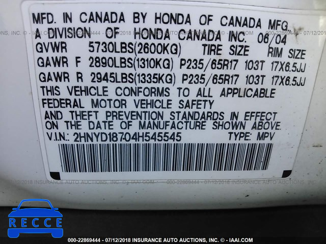 2004 ACURA MDX TOURING 2HNYD18704H545545 image 8