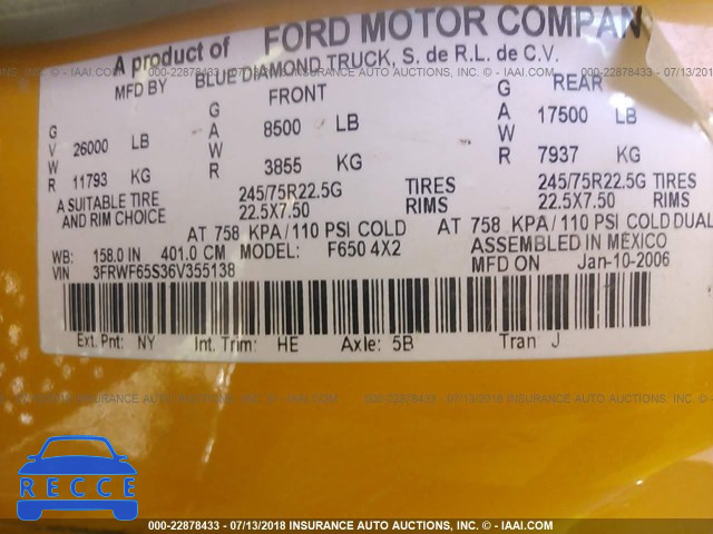 2006 FORD F650 SUPER DUTY 3FRWF65S36V355138 зображення 9