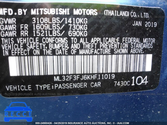 2019 MITSUBISHI MIRAGE G4 ES ML32F3FJ6KHF11019 image 8