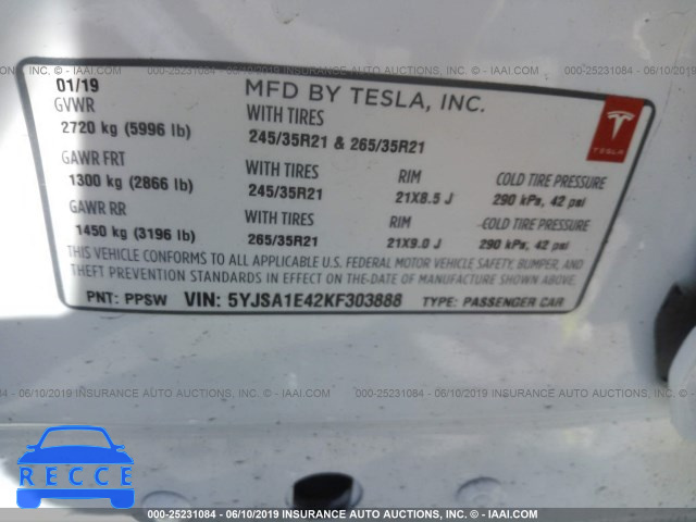 2019 TESLA MODEL S 5YJSA1E42KF303888 зображення 8