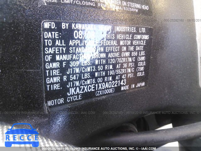 2009 KAWASAKI ZX1000 E JKAZXCE1X9A022143 image 9