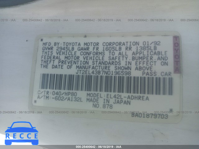 1992 TOYOTA TERCEL DELUXE JT2EL43B7N0196598 зображення 6