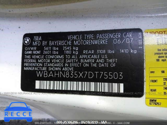 2007 BMW 7 SERIES WBAHN835X7DT75503 Bild 8