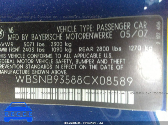 2008 BMW 5 SERIES WBSNB93588CX08589 Bild 8