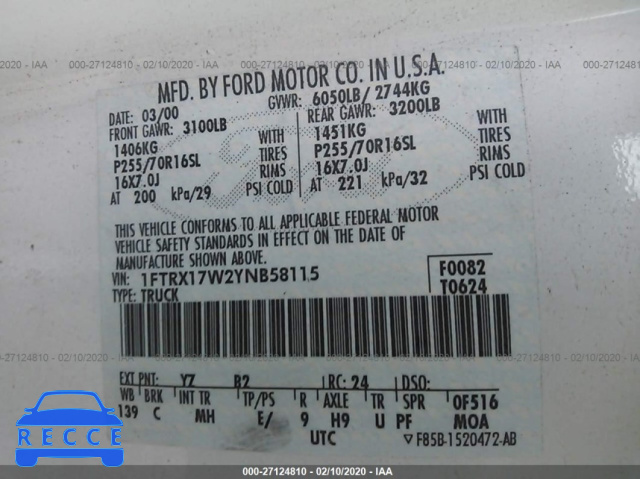 2000 FORD F-150 1FTRX17W2YNB58115 image 8