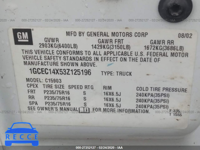 2003 CHEVROLET SILVERADO 1500 WORK TRUCK 1GCEC14X53Z125196 Bild 8