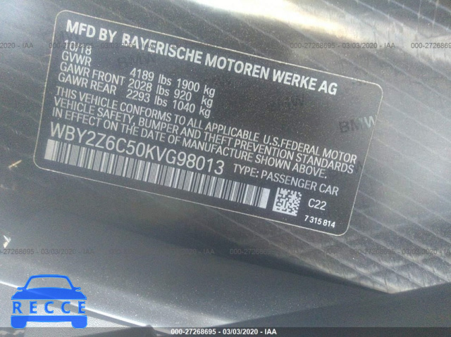 2019 BMW I8 WBY2Z6C50KVG98013 image 8