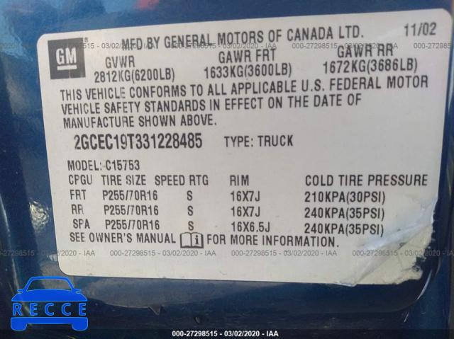 2003 CHEVROLET SILVERADO 1500 LS 2GCEC19T331228485 image 8