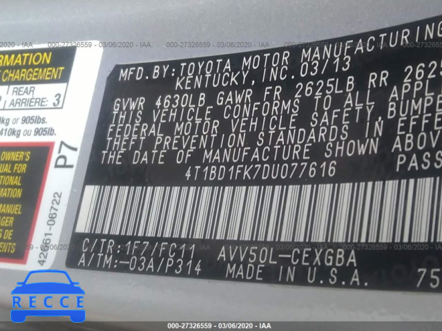 2013 TOYOTA CAMRY HYBRID LE/XLE 4T1BD1FK7DU077616 image 8