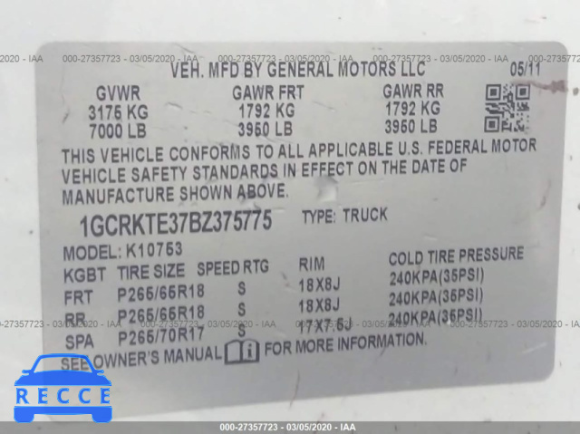 2011 CHEVROLET SILVERADO 1500 LTZ 1GCRKTE37BZ375775 image 8