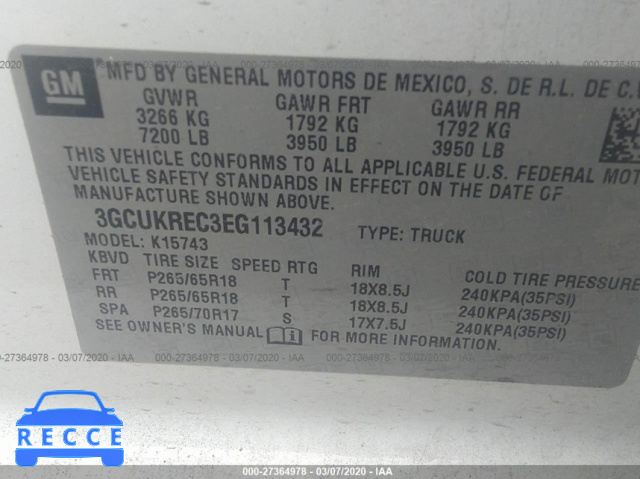 2014 CHEVROLET SILVERADO 1500 K1500 LT 3GCUKREC3EG113432 зображення 8
