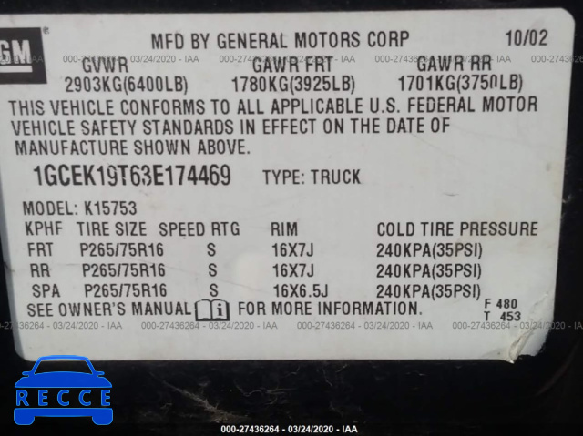 2003 CHEVROLET SILVERADO 1500 K1500 1GCEK19T63E174469 Bild 8