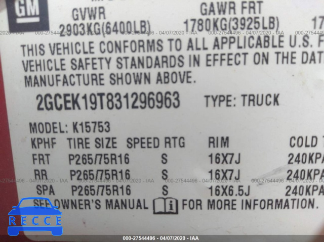 2003 CHEVROLET SILVERADO 1500 LS 2GCEK19T831296963 Bild 8