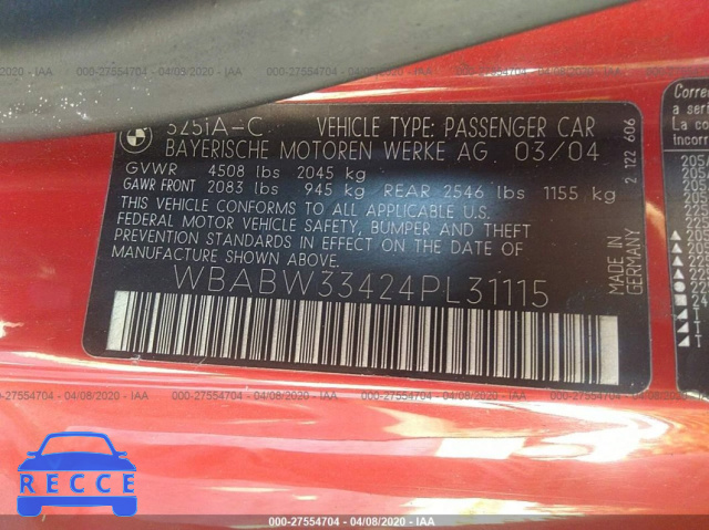 2004 BMW 3 SERIES 325CI WBABW33424PL31115 image 8
