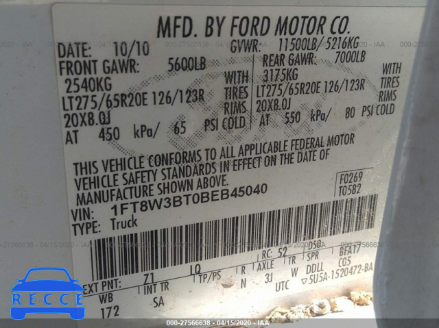 2011 FORD SUPER DUTY F-350 SRW XL/XLT/LARIAT/KING RANCH 1FT8W3BT0BEB45040 image 8