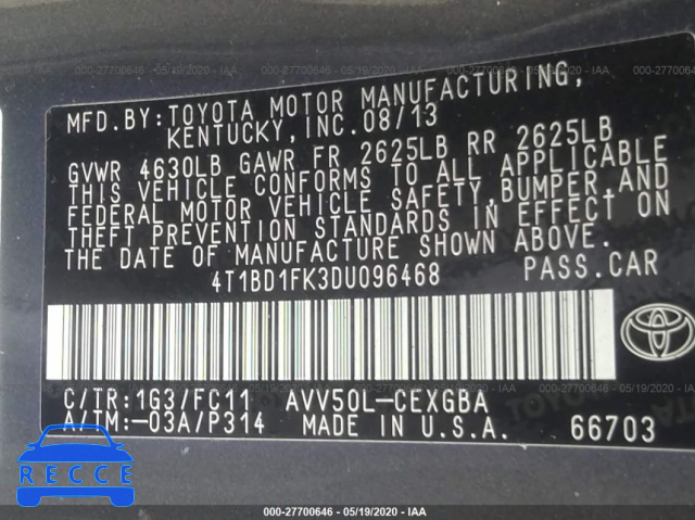 2013 TOYOTA CAMRY HYBRID HYBRID/LE/XLE 4T1BD1FK3DU096468 image 8
