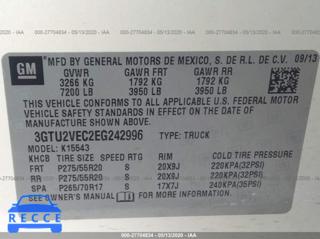 2014 GMC SIERRA 1500 K1500 SLT 3GTU2VEC2EG242996 image 8