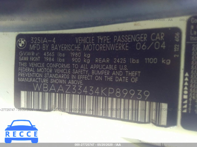 2004 BMW 3 SERIES 325I WBAAZ33434KP89939 image 8