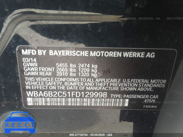 2015 BMW 6 SERIES I/GRAN COUPE WBA6B2C51FD129998 Bild 8