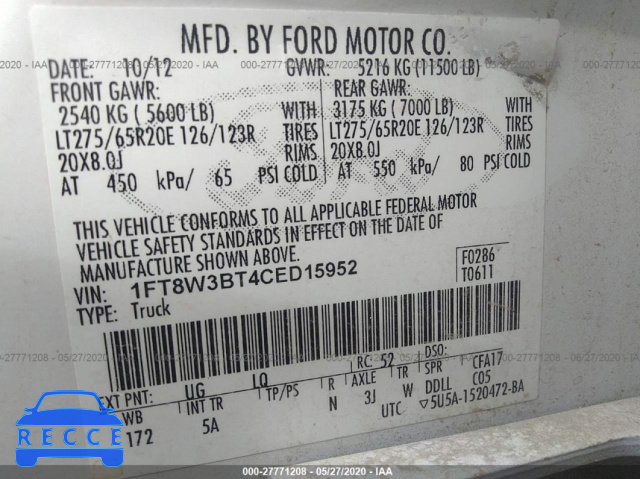 2012 FORD SUPER DUTY F-350 SRW XL/XLT/LARIAT/KING RANCH 1FT8W3BT4CED15952 image 8