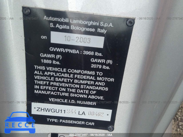 2004 LAMBORGHINI GALLARDO ZHWGU11S44LA00462 image 8