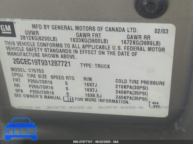 2003 CHEVROLET SILVERADO 1500 C1500 2GCEC19T931287721 image 8