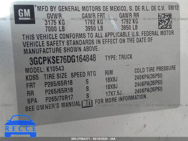 2013 CHEVROLET SILVERADO 1500 K1500 LT 3GCPKSE76DG164848 зображення 8