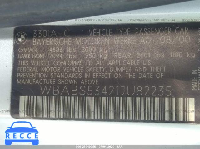 2001 BMW 3 SERIES 330CI WBABS53421JU82235 image 8